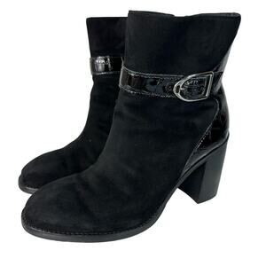 Johnston & Murphy Black Booties Hope Ankle Boots Block Heel Buckle Suede 7.5